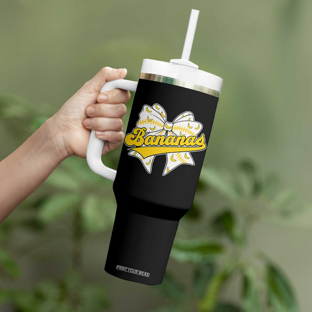 Bananas Coquette Bow Tumbler With Handle Retro Throwback Popular Fruit Humor Banana Classic TS10 Print Your Wear