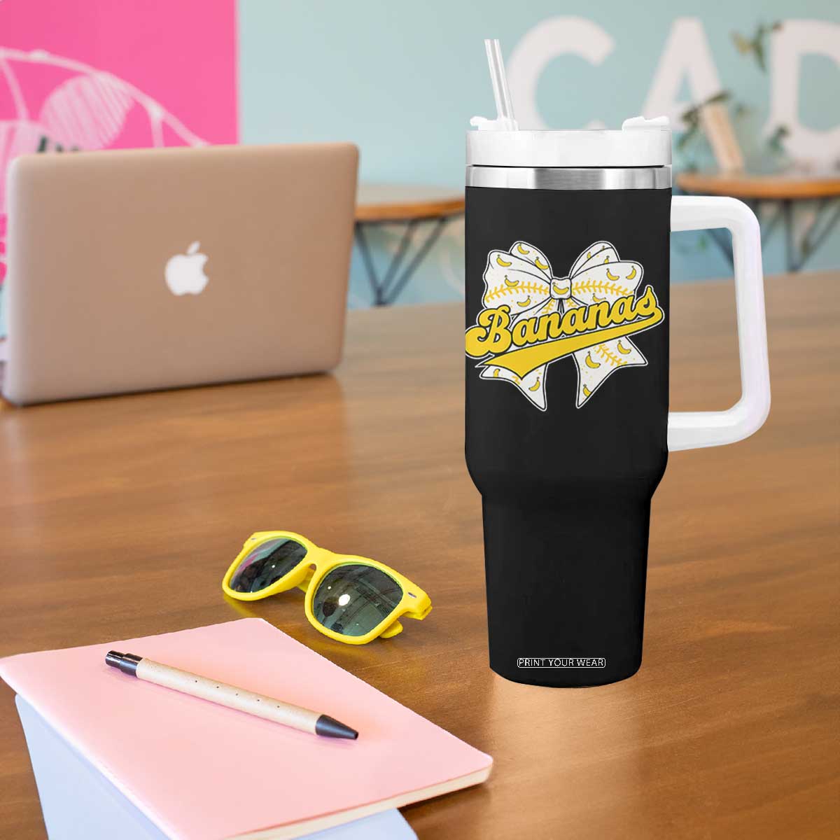 Bananas Coquette Bow Tumbler With Handle Retro Throwback Popular Fruit Humor Banana Classic TS10 Print Your Wear