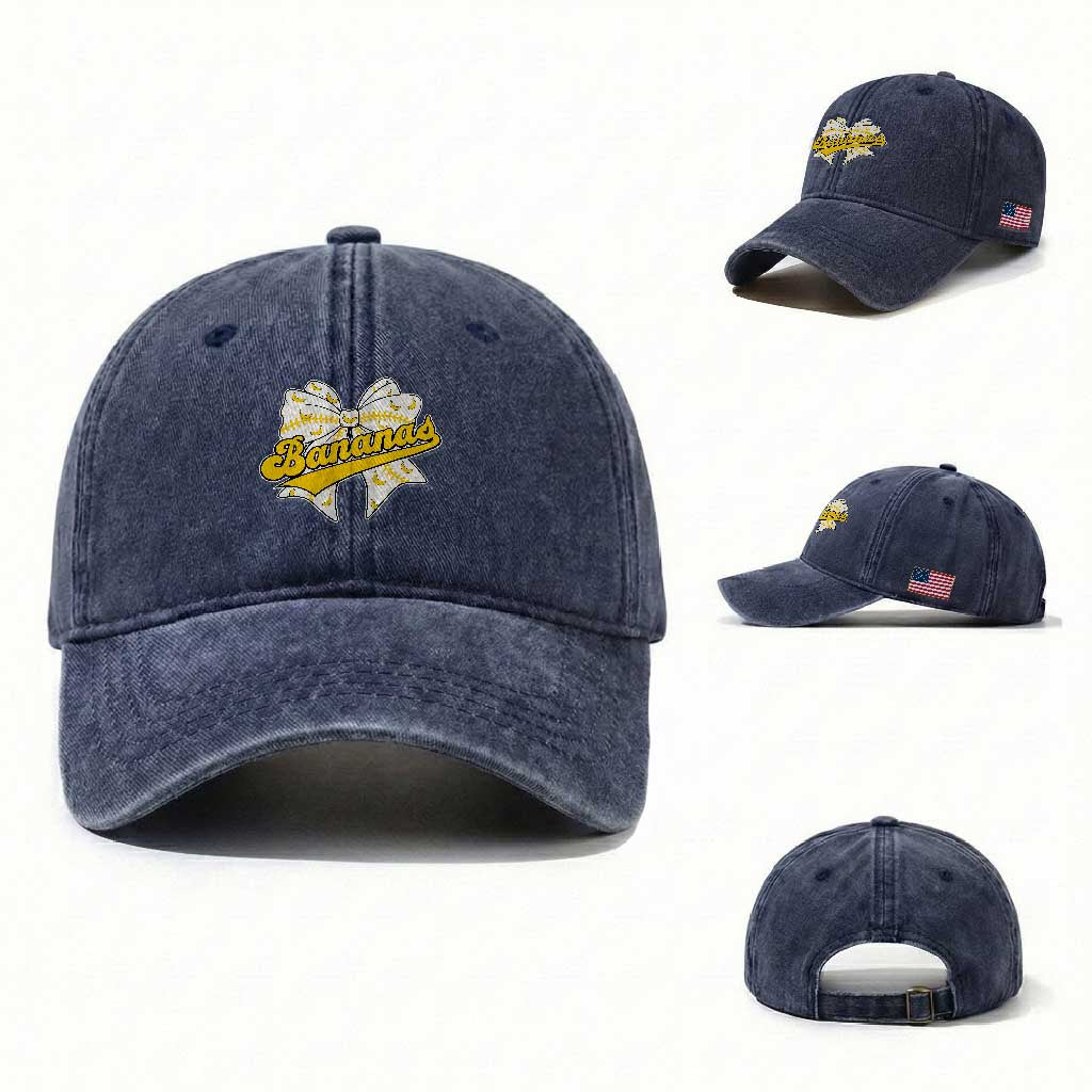 Bananas Coquette Bow Washed Cotton Baseball Cap Retro Throwback Popular Fruit Humor Banana Classic TS10 Washed Cap Universal Fit Navy Print Your Wear