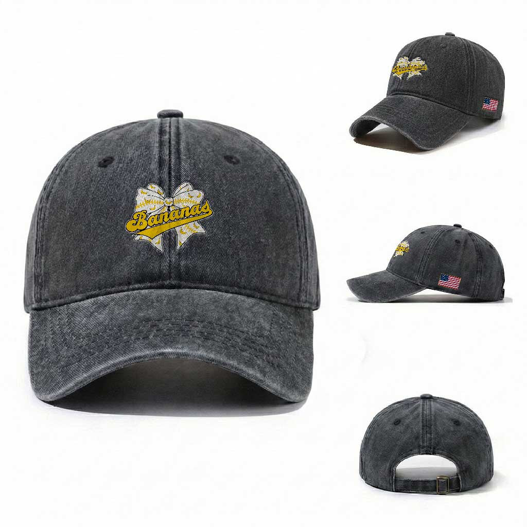 Bananas Coquette Bow Washed Cotton Baseball Cap Retro Throwback Popular Fruit Humor Banana Classic TS10 Washed Cap Universal Fit Dark Gray Print Your Wear