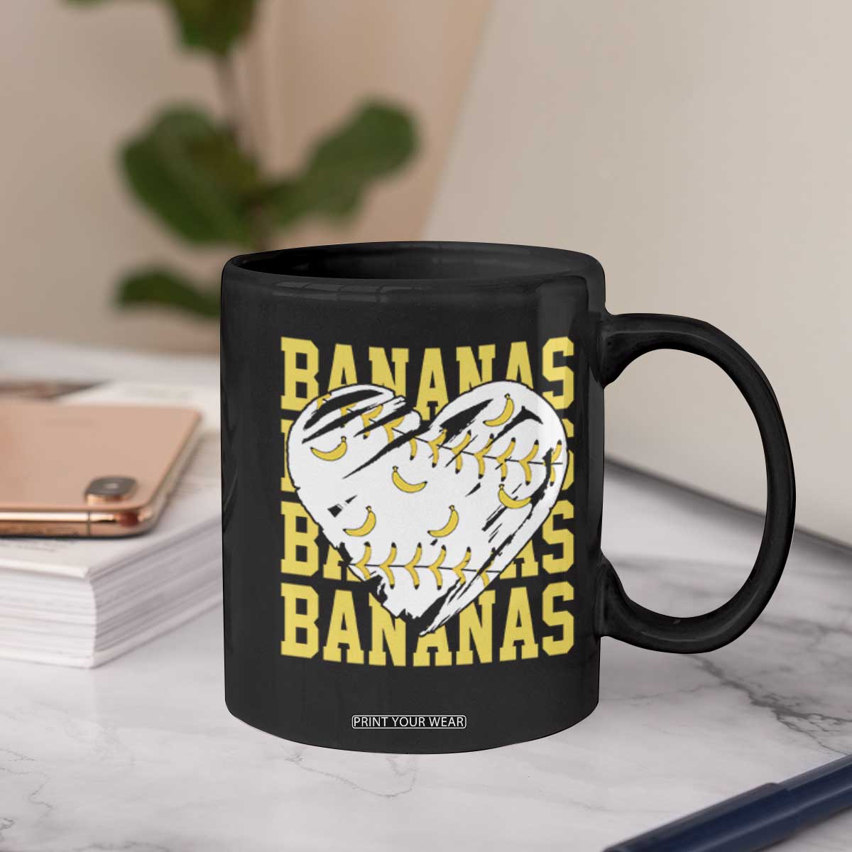 Retro Bananas Coffee Mug Vintage Baseball Heart Graphic Game Day Gifts TS10 Print Your Wear