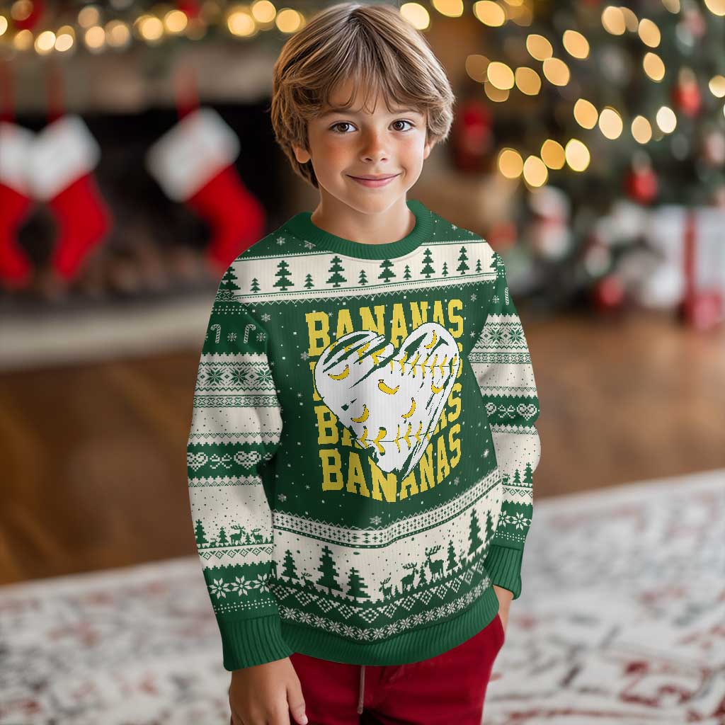 Retro Bananas Ugly Christmas Sweater Vintage Baseball Heart Graphic Game Day Gifts TS10 Forest Green Beige Print Your Wear