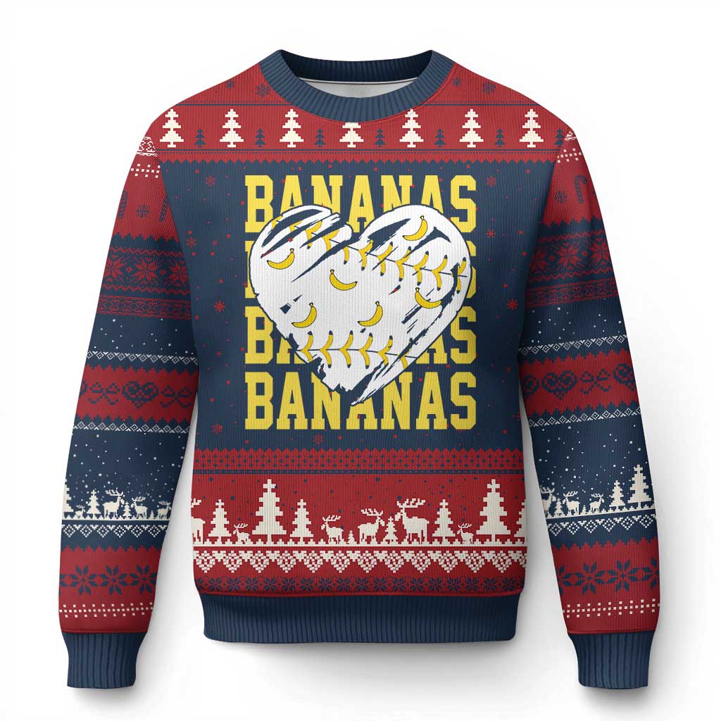 Retro Bananas Ugly Christmas Sweater Vintage Baseball Heart Graphic Game Day Gifts TS10 Navy Red Print Your Wear
