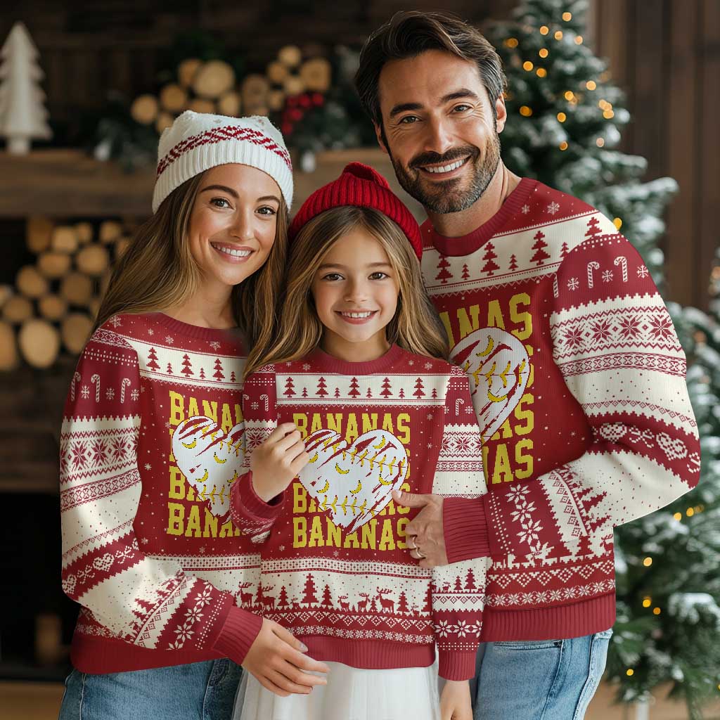 Retro Bananas Ugly Christmas Sweater Vintage Baseball Heart Graphic Game Day Gifts TS10 Red Beige Print Your Wear