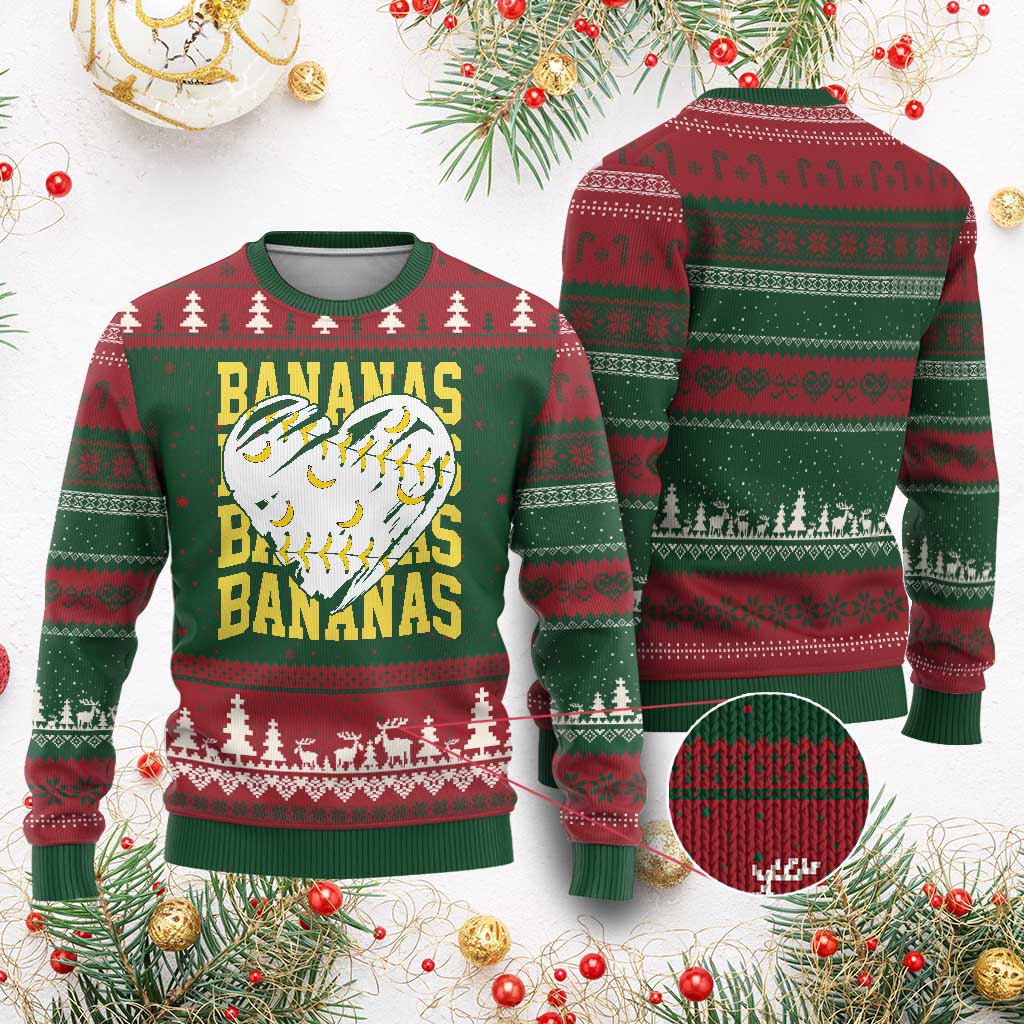 Retro Bananas Ugly Christmas Sweater Vintage Baseball Heart Graphic Game Day Gifts TS10 Red Green Print Your Wear