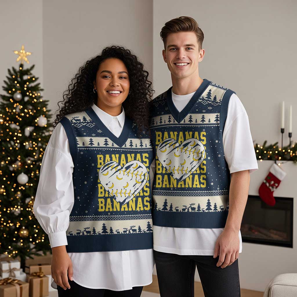 Retro Bananas V-Neck Knit Sweater Vest Vintage Baseball Heart Graphic Game Day Gifts TS10 Navy Beige Print Your Wear