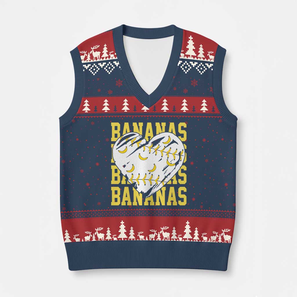 Retro Bananas V-Neck Knit Sweater Vest Vintage Baseball Heart Graphic Game Day Gifts TS10 Navy Red Print Your Wear