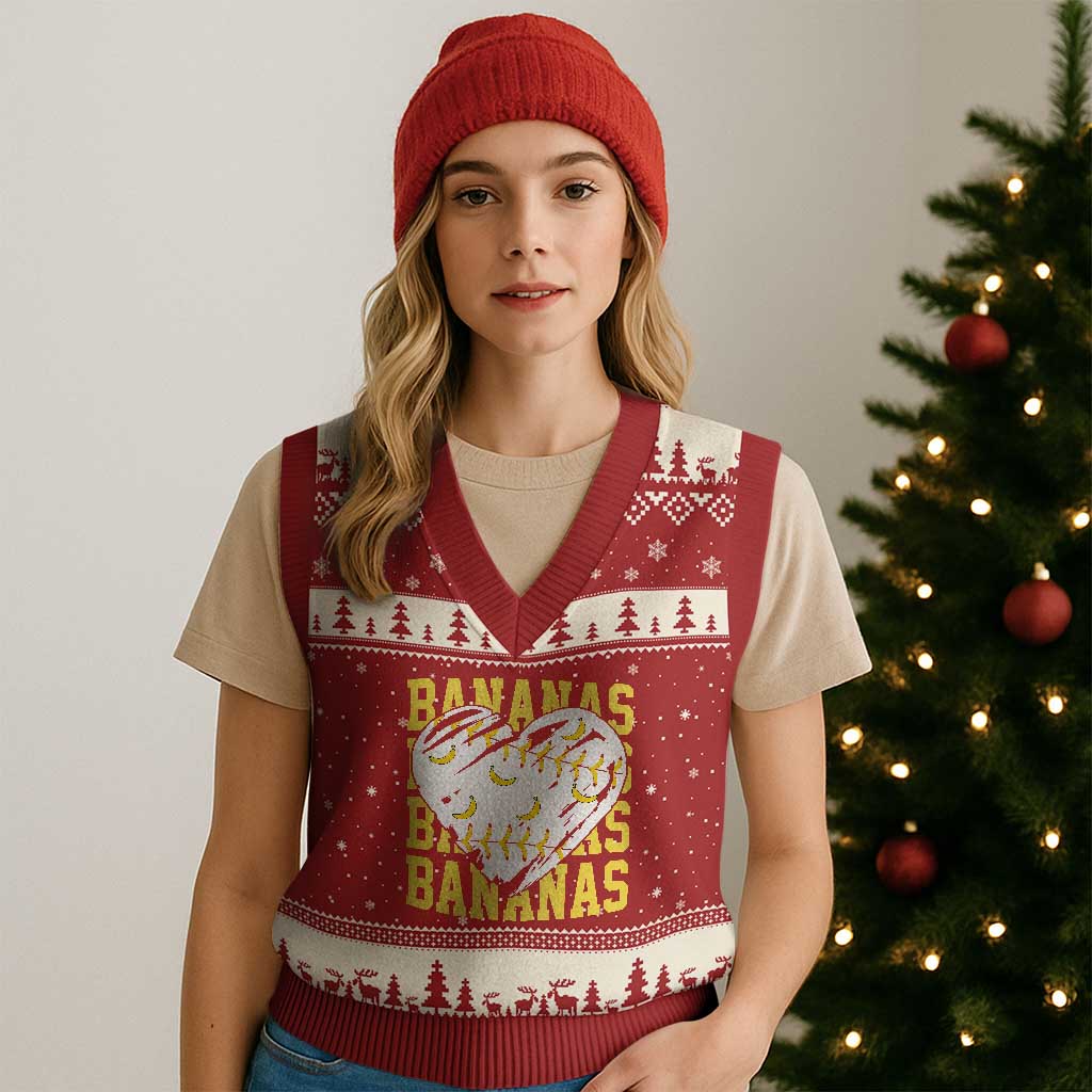 Retro Bananas V-Neck Knit Sweater Vest Vintage Baseball Heart Graphic Game Day Gifts TS10 Red Beige Print Your Wear