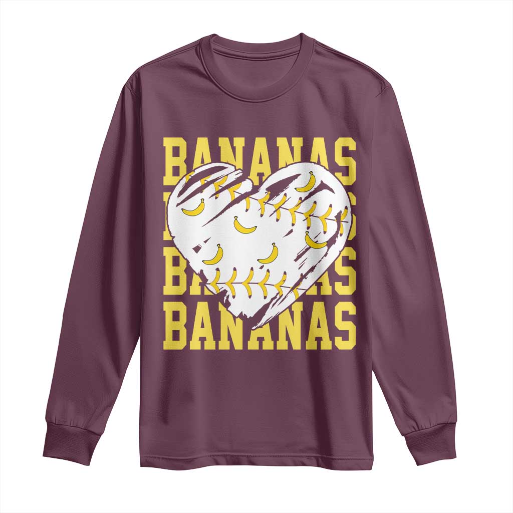 Retro Bananas Long Sleeve Shirt Vintage Baseball Heart Graphic Game Day Gifts TS10 Maroon Print Your Wear
