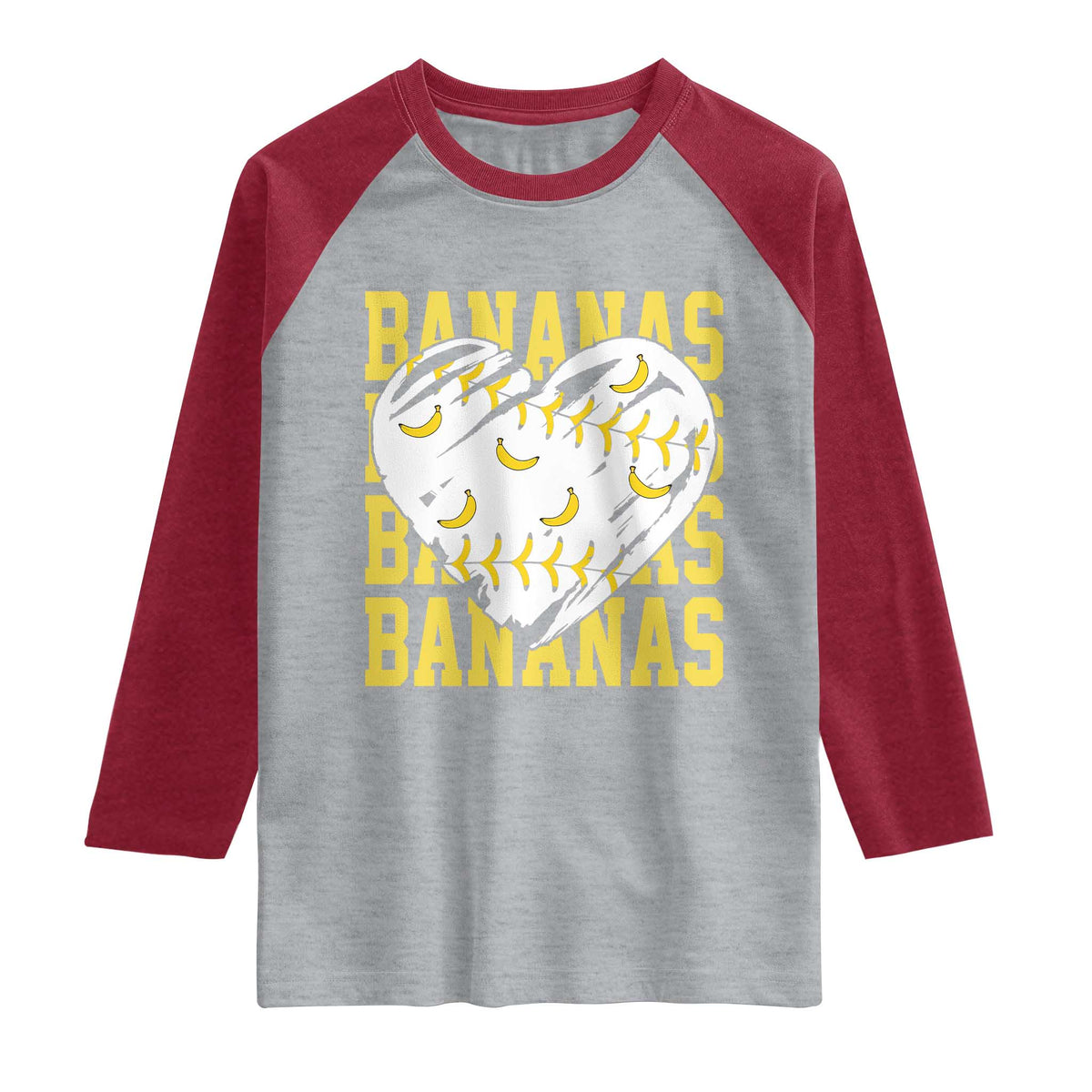 Retro Bananas Raglan Shirt Vintage Baseball Heart Graphic Game Day Gifts TS10 Heather Gray Heather Red Print Your Wear