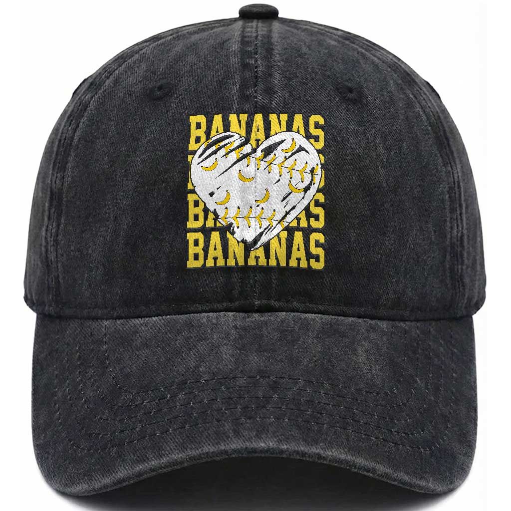 Retro Bananas Washed Cotton Baseball Cap Vintage Baseball Heart Graphic Game Day Gifts TS10 Print Your Wear