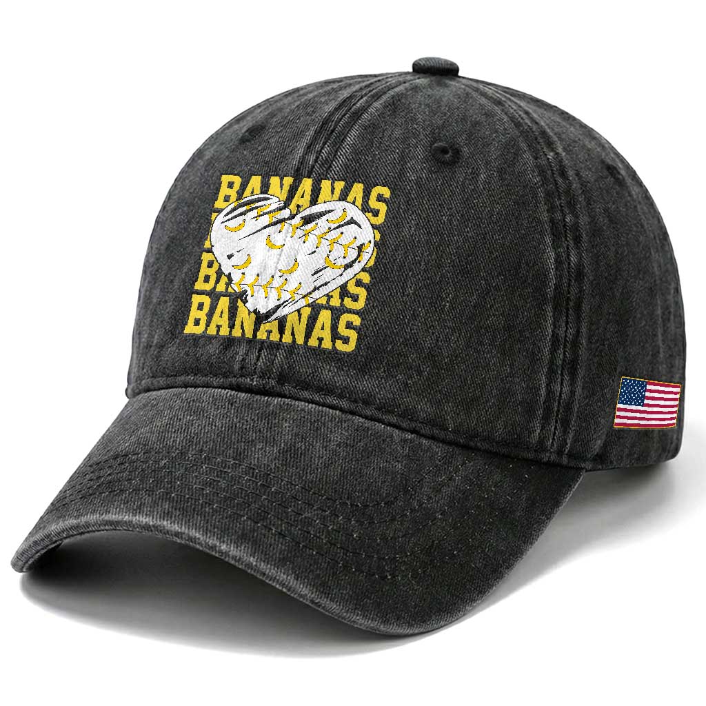 Retro Bananas Washed Cotton Baseball Cap Vintage Baseball Heart Graphic Game Day Gifts TS10 Print Your Wear