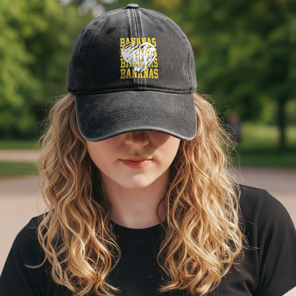 Retro Bananas Washed Cotton Baseball Cap Vintage Baseball Heart Graphic Game Day Gifts TS10 Print Your Wear