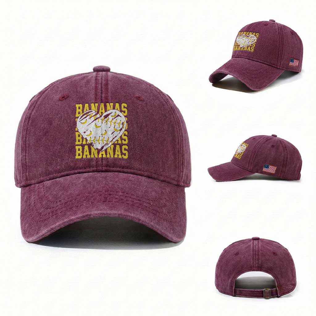 Retro Bananas Washed Cotton Baseball Cap Vintage Baseball Heart Graphic Game Day Gifts TS10 Washed Cap Universal Fit Burgundy Print Your Wear