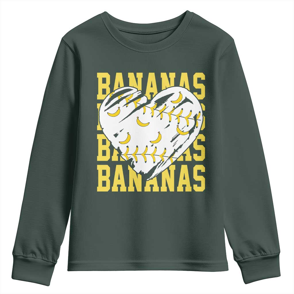 Retro Bananas Youth Sweatshirt Vintage Baseball Heart Graphic Game Day Gifts TS10 Dark Forest Green Print Your Wear