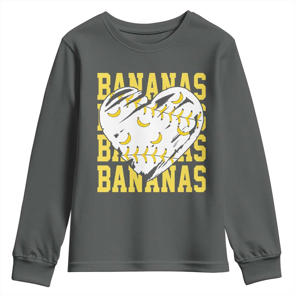 Retro Bananas Youth Sweatshirt Vintage Baseball Heart Graphic Game Day Gifts TS10 Dark Heather Print Your Wear