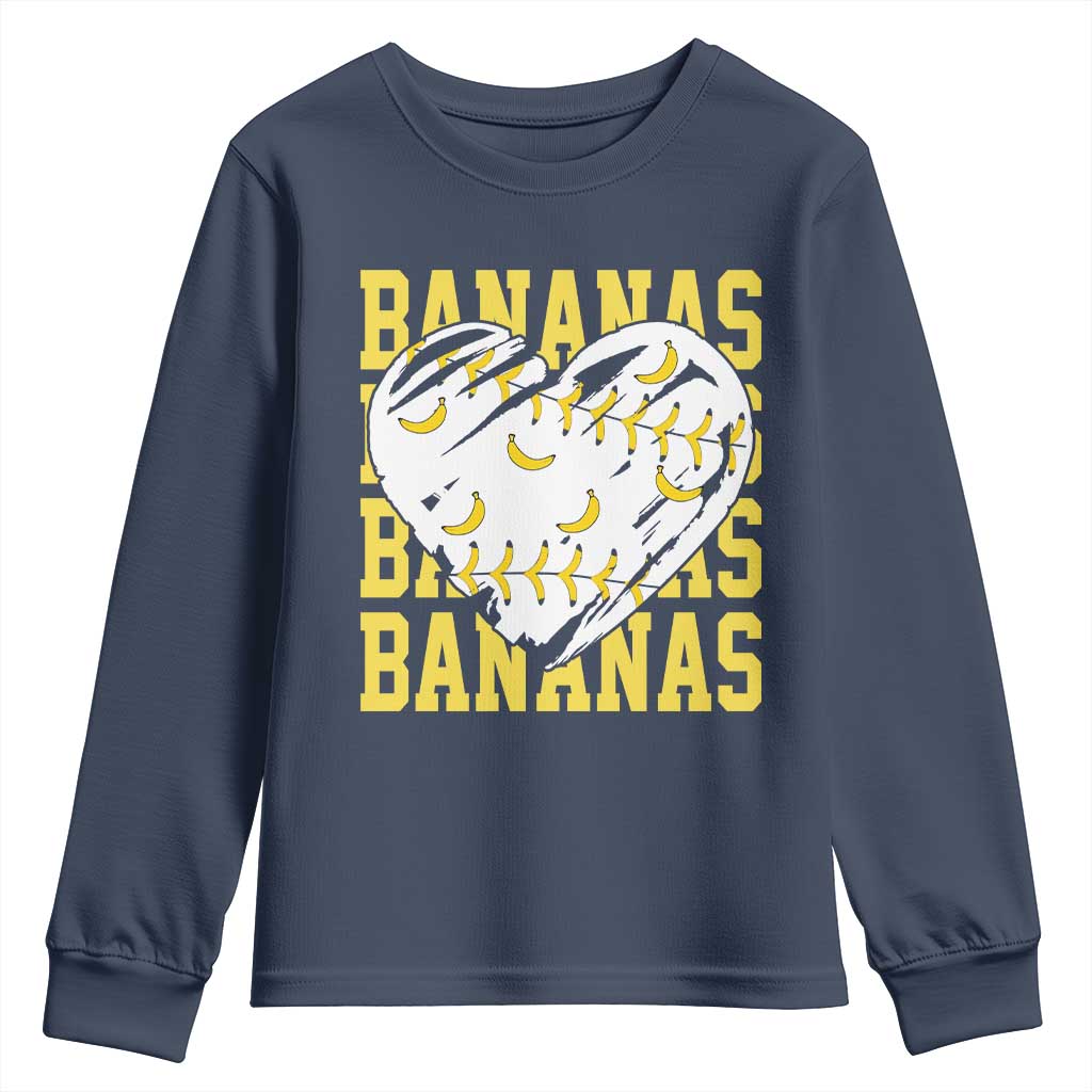Retro Bananas Youth Sweatshirt Vintage Baseball Heart Graphic Game Day Gifts TS10 Navy Print Your Wear