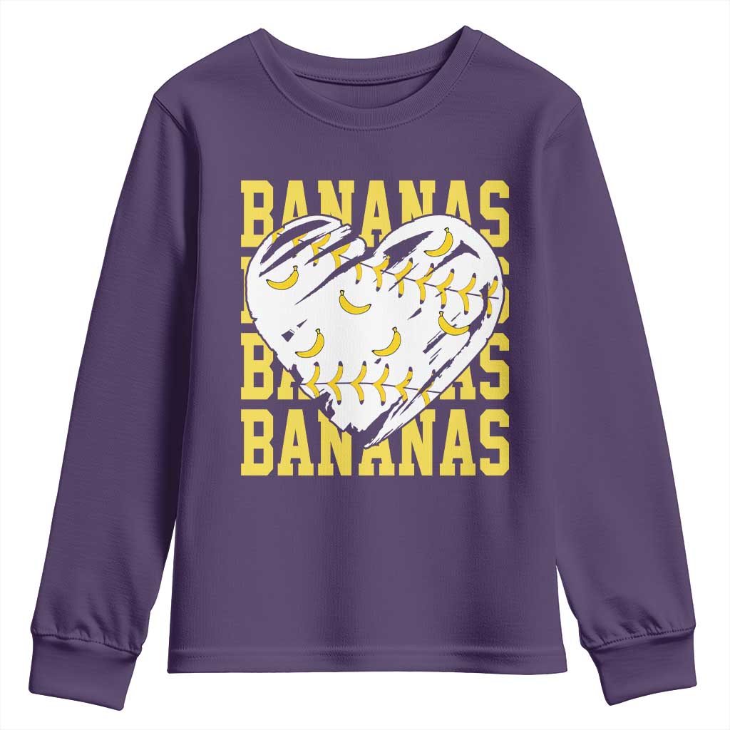 Retro Bananas Youth Sweatshirt Vintage Baseball Heart Graphic Game Day Gifts TS10 Purple Print Your Wear