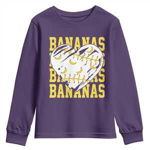 Retro Bananas Youth Sweatshirt Vintage Baseball Heart Graphic Game Day Gifts TS10 Purple Print Your Wear