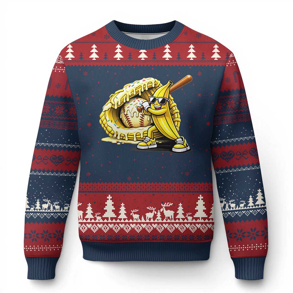Baseball Banana Ugly Christmas Sweater Funny Baseball Glove Drip Kids Youth Boys Girls TS10 Navy Red Print Your Wear