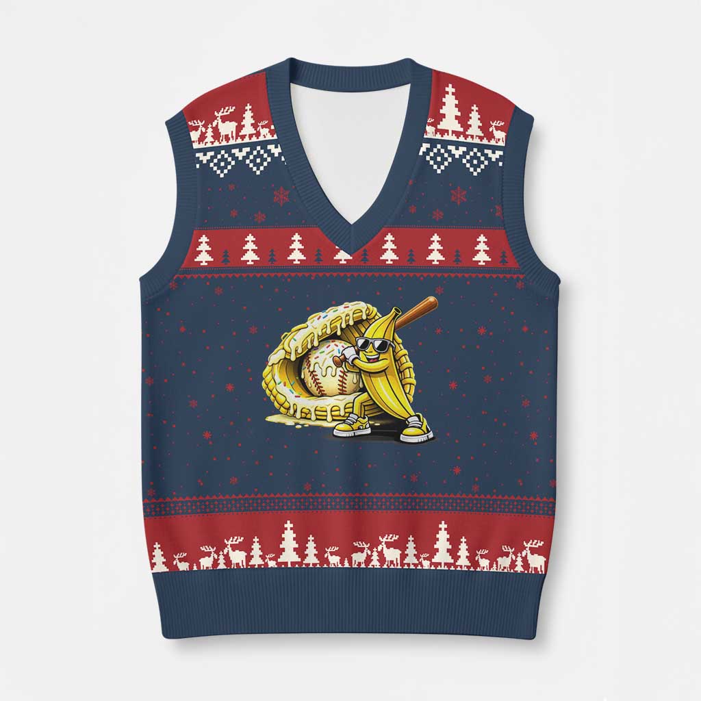 Baseball Banana V-Neck Knit Sweater Vest Funny Baseball Glove Drip Kids Youth Boys Girls TS10 Navy Red Print Your Wear