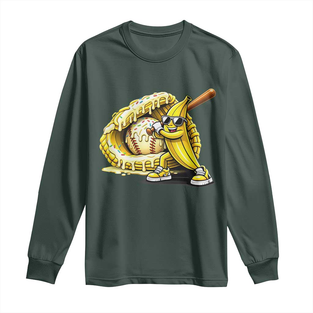 Baseball Banana Long Sleeve Shirt Funny Baseball Glove Drip Kids Youth Boys Girls TS10 Dark Forest Green Print Your Wear