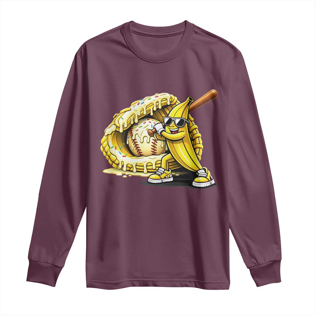 Baseball Banana Long Sleeve Shirt Funny Baseball Glove Drip Kids Youth Boys Girls TS10 Maroon Print Your Wear