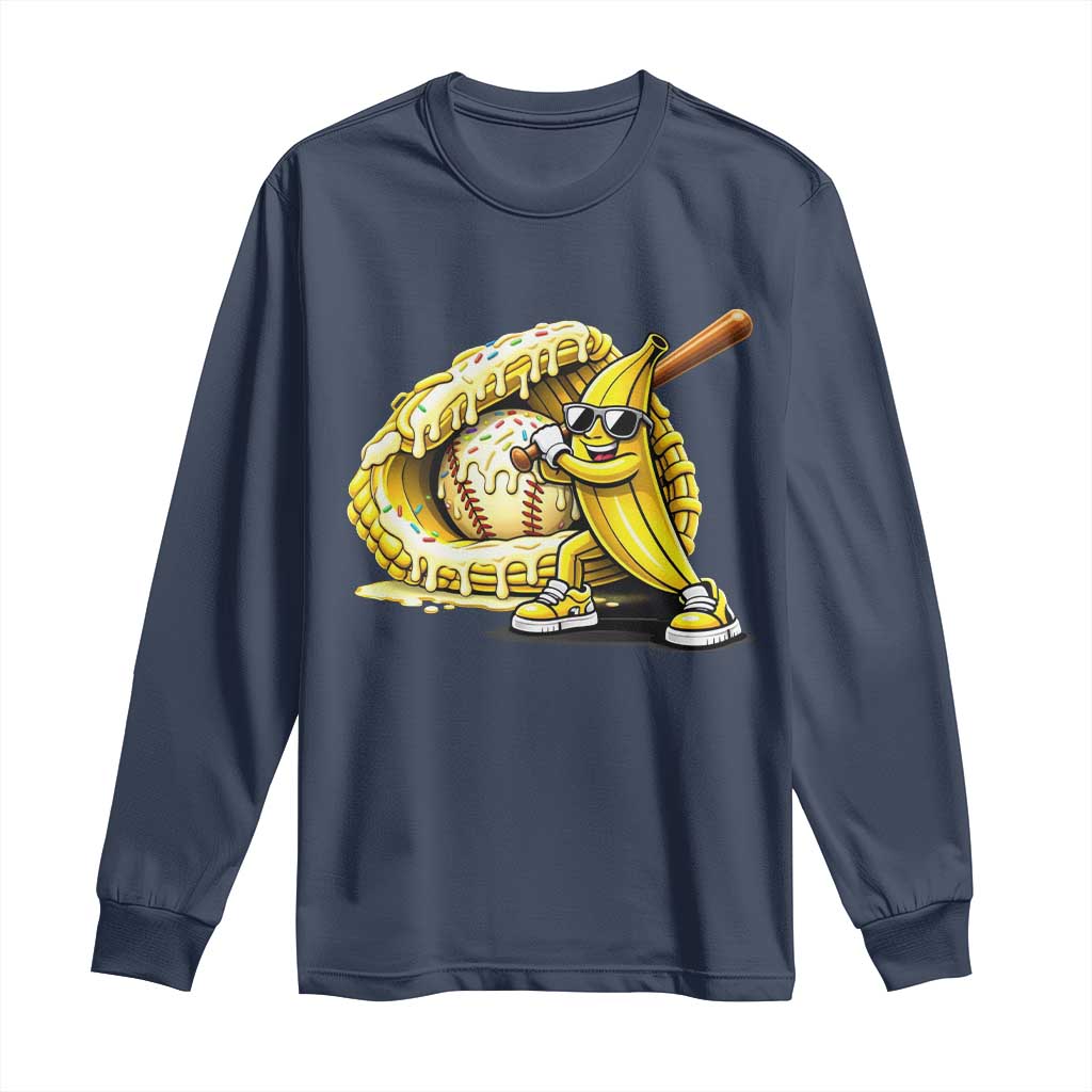 Baseball Banana Long Sleeve Shirt Funny Baseball Glove Drip Kids Youth Boys Girls TS10 Navy Print Your Wear