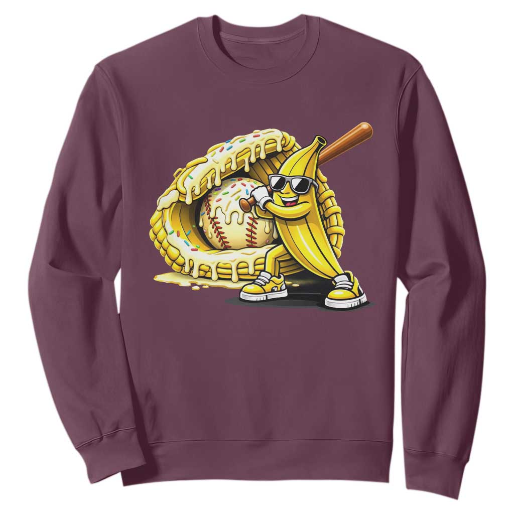 Baseball Banana Sweatshirt Funny Baseball Glove Drip Kids Youth Boys Girls TS10 Maroon Print Your Wear