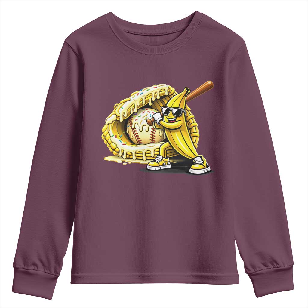 Baseball Banana Youth Sweatshirt Funny Baseball Glove Drip Kids Youth Boys Girls TS10 Maroon Print Your Wear