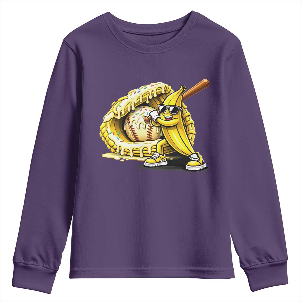 Baseball Banana Youth Sweatshirt Funny Baseball Glove Drip Kids Youth Boys Girls TS10 Purple Print Your Wear