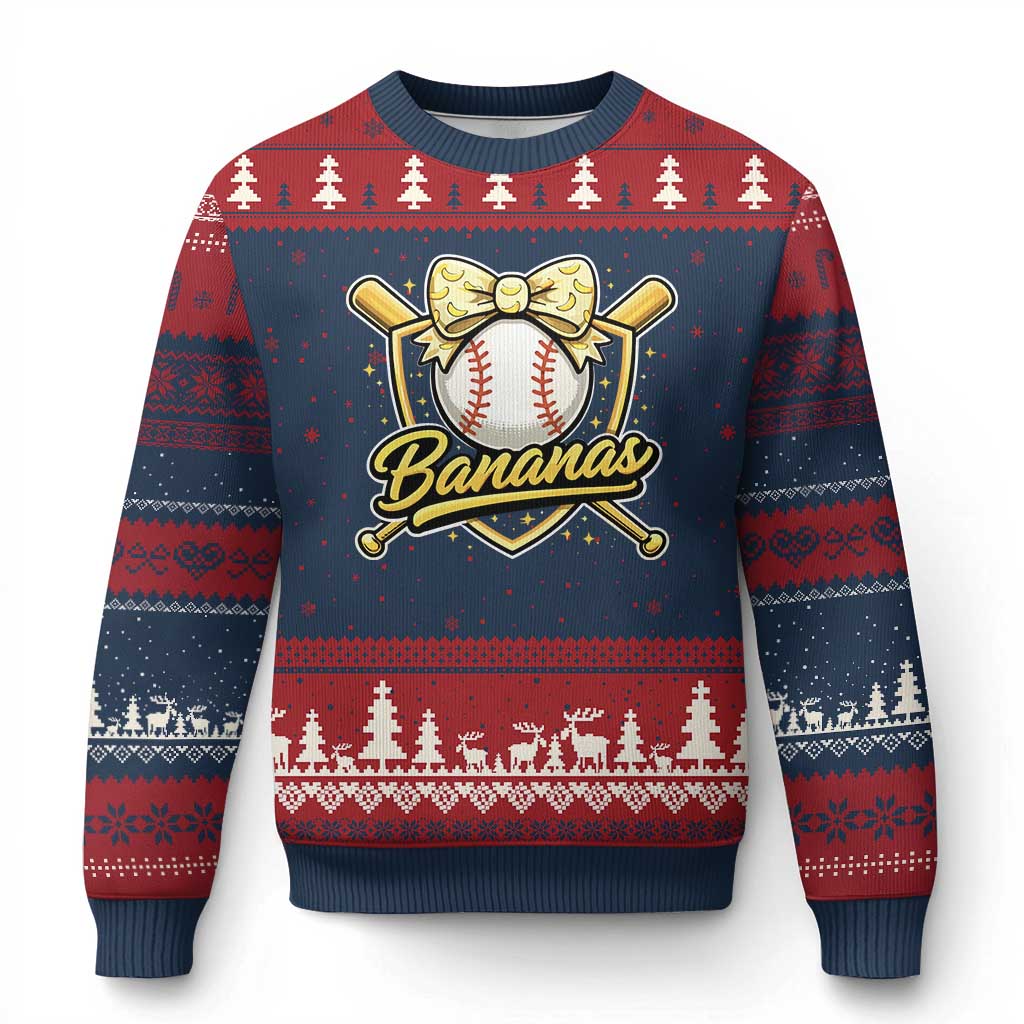 Bananas Coquette Bow Ugly Christmas Sweater Baseball Bats Banana Lovers Women Girls Kids TS10 Navy Red Print Your Wear