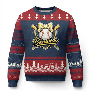 Bananas Coquette Bow Ugly Christmas Sweater Baseball Bats Banana Lovers Women Girls Kids TS10 Navy Red Print Your Wear