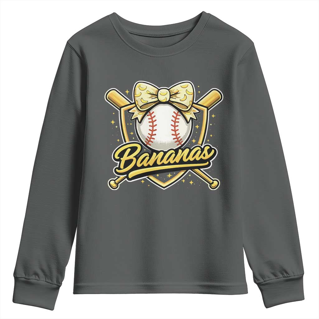 Bananas Coquette Bow Youth Sweatshirt Baseball Bats Banana Lovers Women Girls Kids TS10 Dark Heather Print Your Wear