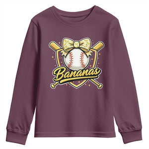Bananas Coquette Bow Youth Sweatshirt Baseball Bats Banana Lovers Women Girls Kids TS10 Maroon Print Your Wear