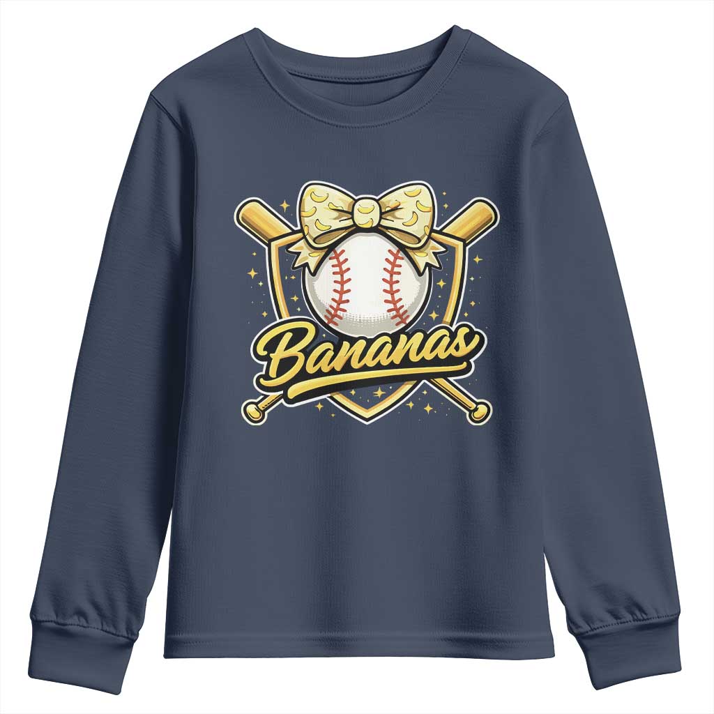 Bananas Coquette Bow Youth Sweatshirt Baseball Bats Banana Lovers Women Girls Kids TS10 Navy Print Your Wear