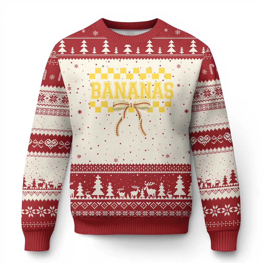 Bananas Coquette Bow Checkered Ugly Christmas Sweater Women Girls Kids TS10 Beige Red Print Your Wear