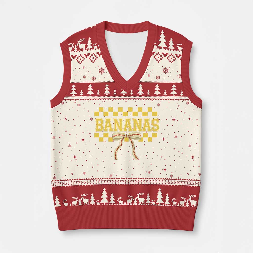 Bananas Coquette Bow Checkered V-Neck Knit Sweater Vest Women Girls Kids TS10 Beige Red Print Your Wear