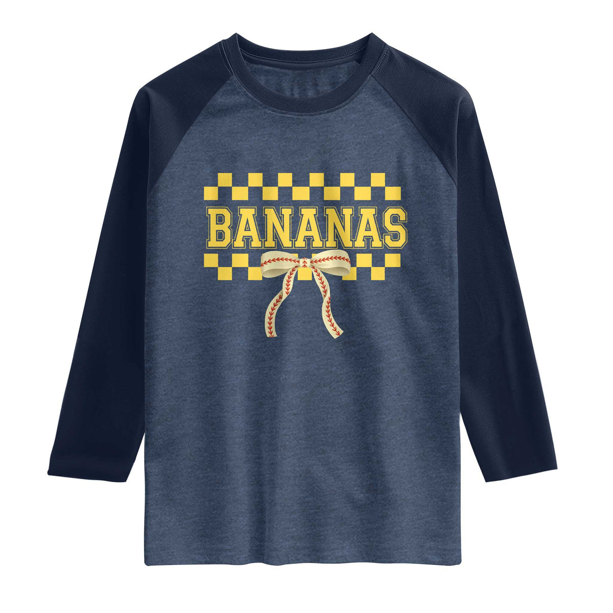 Bananas Coquette Bow Checkered Raglan Shirt Women Girls Kids TS10 Heather Denim Navy Print Your Wear