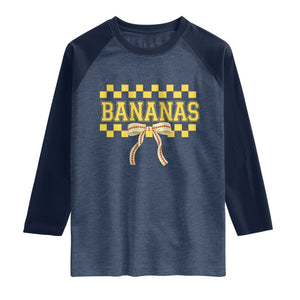 Bananas Coquette Bow Checkered Raglan Shirt Women Girls Kids TS10 Heather Denim Navy Print Your Wear