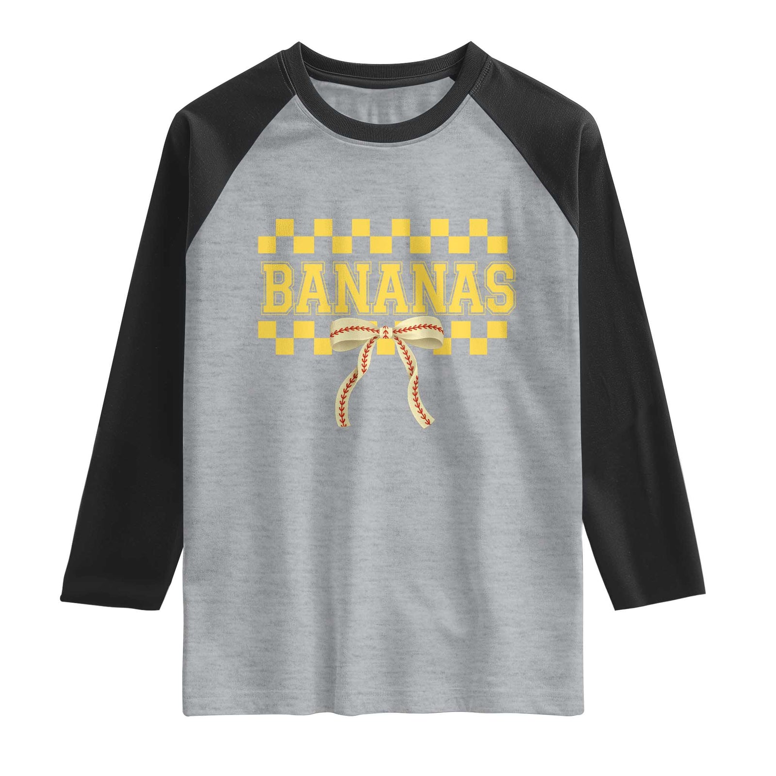 Bananas Coquette Bow Checkered Raglan Shirt Women Girls Kids TS10 Heather Gray Black Print Your Wear