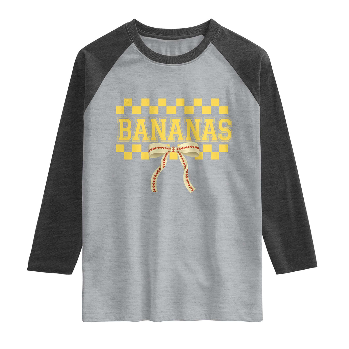 Bananas Coquette Bow Checkered Raglan Shirt Women Girls Kids TS10 Heather Gray Heather Charcoal Print Your Wear