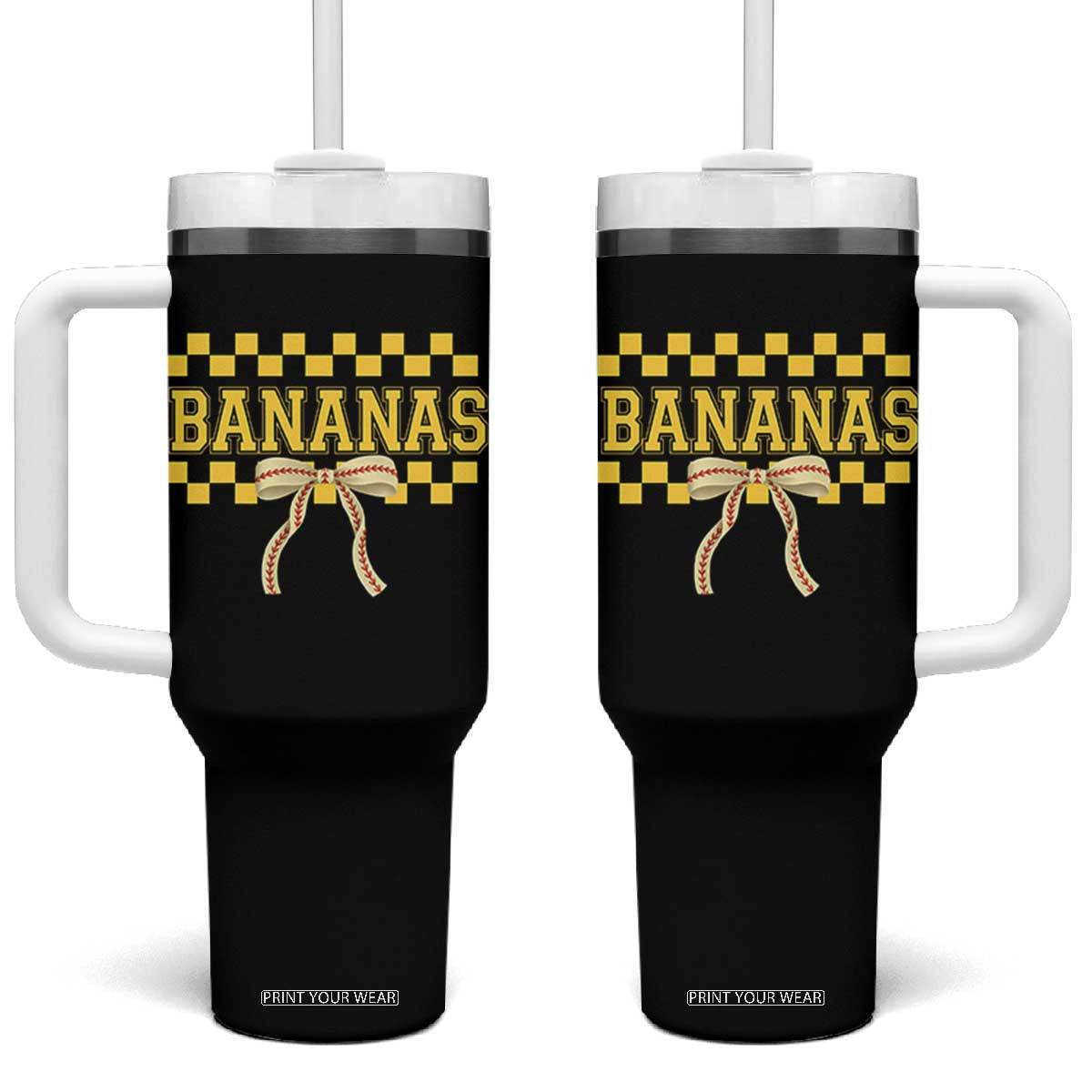 Bananas Coquette Bow Checkered Tumbler With Handle Women Girls Kids TS10 One Size: 40 oz Black Print Your Wear