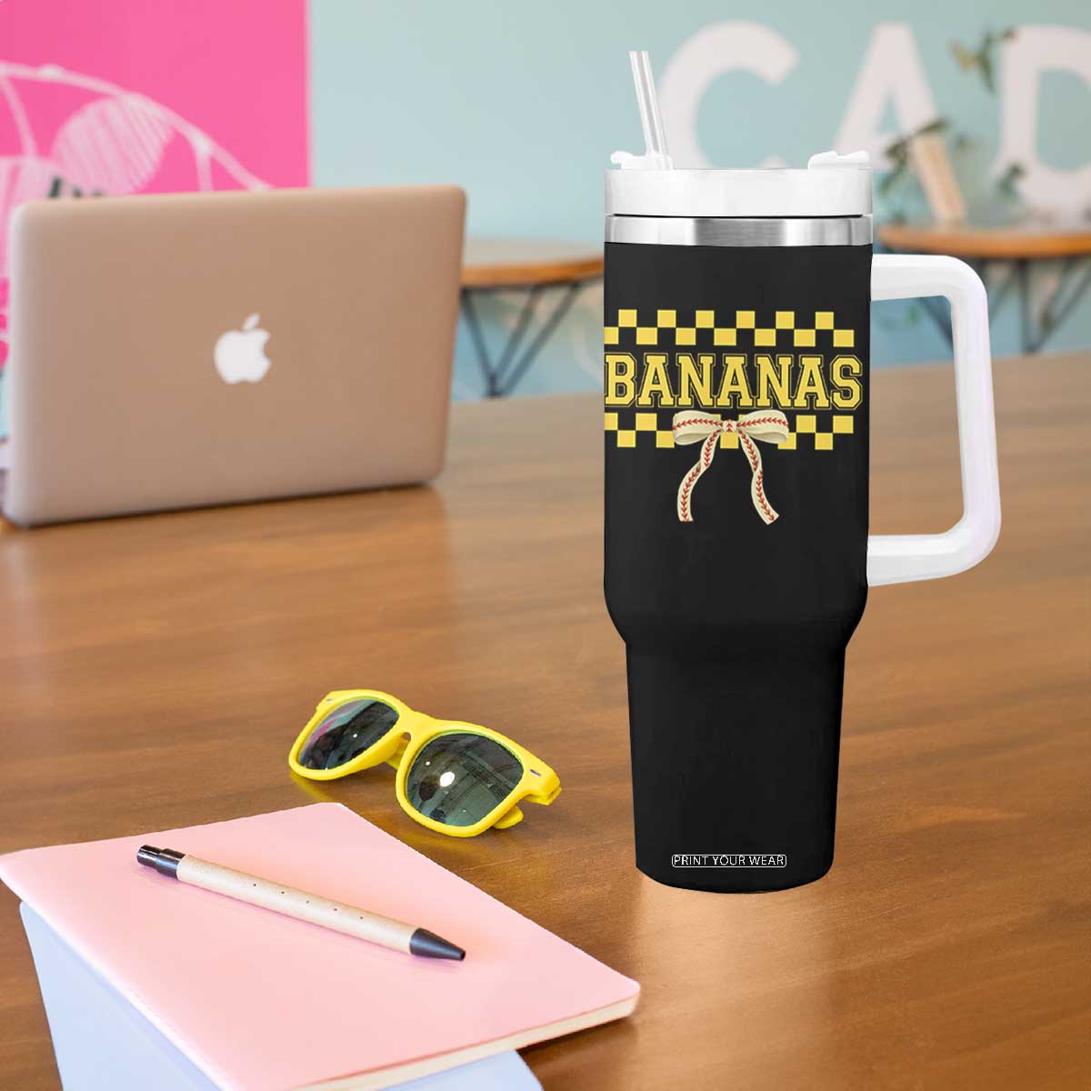 Bananas Coquette Bow Checkered Tumbler With Handle Women Girls Kids TS10 Print Your Wear