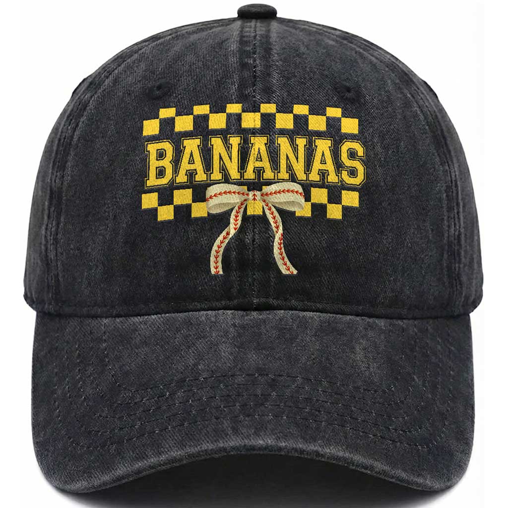 Bananas Coquette Bow Checkered Washed Cotton Baseball Cap Women Girls Kids TS10 Washed Cap Universal Fit Black Print Your Wear