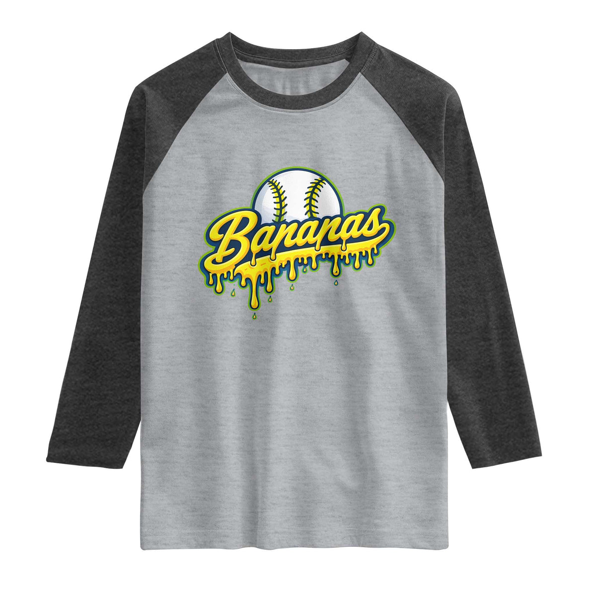 Funny Banana Baseball Raglan Shirt Sports Team Baseball Drip Ice Cream Style TS10 Heather Gray Heather Charcoal Print Your Wear