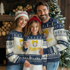 Bananas Coquette Bow Ugly Christmas Sweater Banana Retro Popular Fruit Humor Cute Girls Kids TS10 Beige Navy Print Your Wear