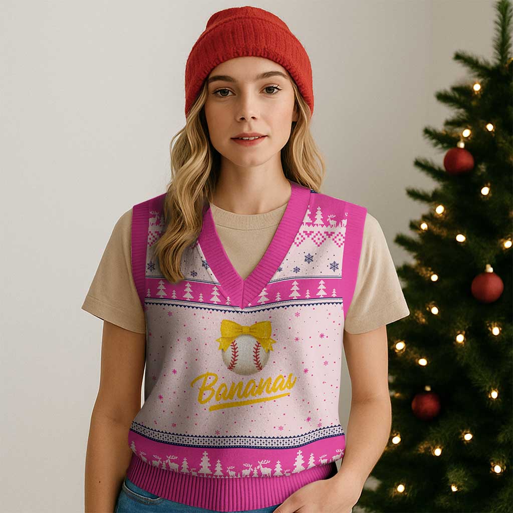 Bananas Coquette Bow V-Neck Knit Sweater Vest Banana Retro Popular Fruit Humor Cute Girls Kids TS10 Hot Pink Print Your Wear
