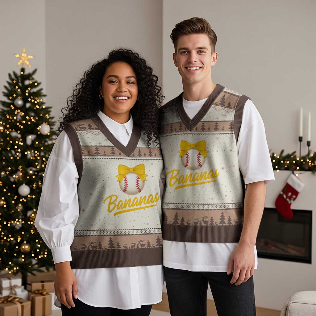 Bananas Coquette Bow V-Neck Knit Sweater Vest Banana Retro Popular Fruit Humor Cute Girls Kids TS10 Mocha Mousse Print Your Wear