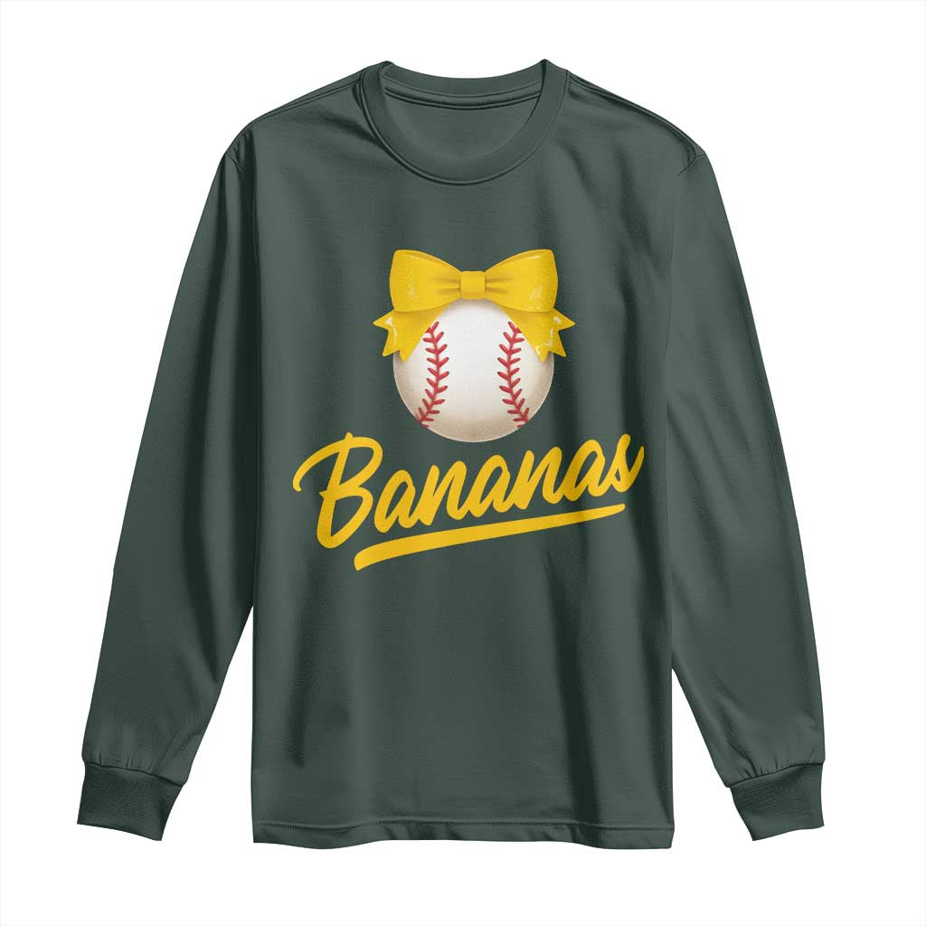 Bananas Coquette Bow Long Sleeve Shirt Banana Retro Popular Fruit Humor Cute Girls Kids TS10 Dark Forest Green Print Your Wear